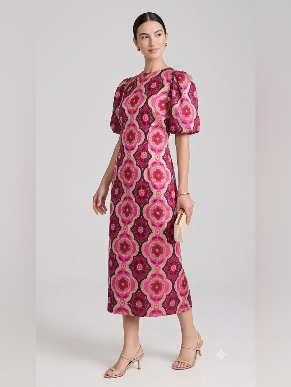 Ann Taylor Patterned Puff-Sleeve Midi Dress In Pink And Burgundy Size Petite 6